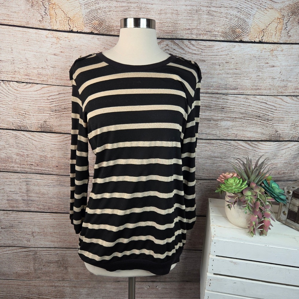 Zara Collection Womens XL Black Gold Metallic Striped Shoulder Button Knit Top
